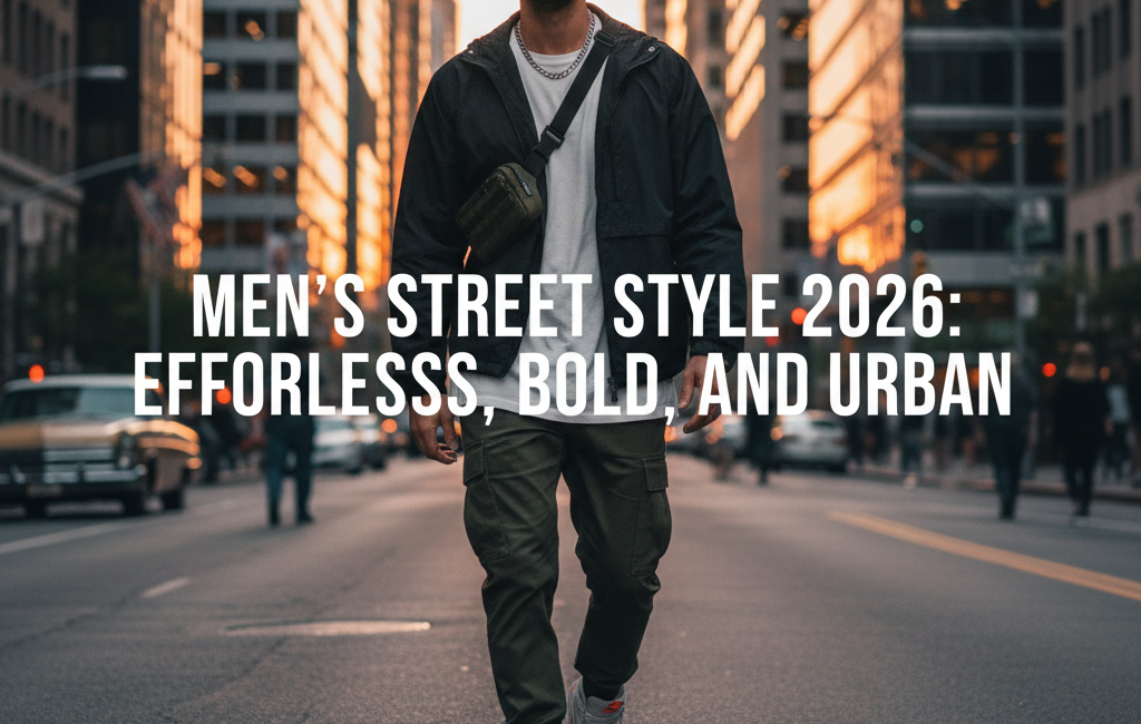A fashionable man walking through a modern urban district wearing a tech-wear inspired layered outfit, oversized utility jacket, jogger pants, and high-top sneakers, with the title text overlayed in the center.