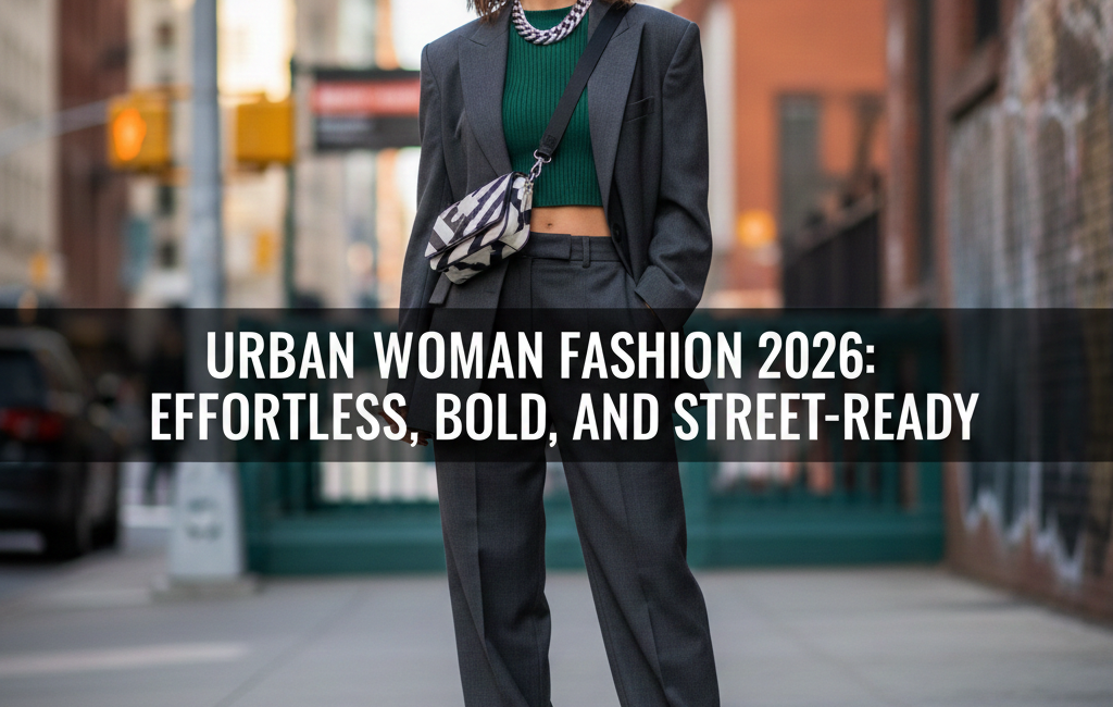 A stylish woman wearing an oversized charcoal suit and green crop top standing on a New York City street, with a title overlay reading 'Urban Woman Fashion 2026.'