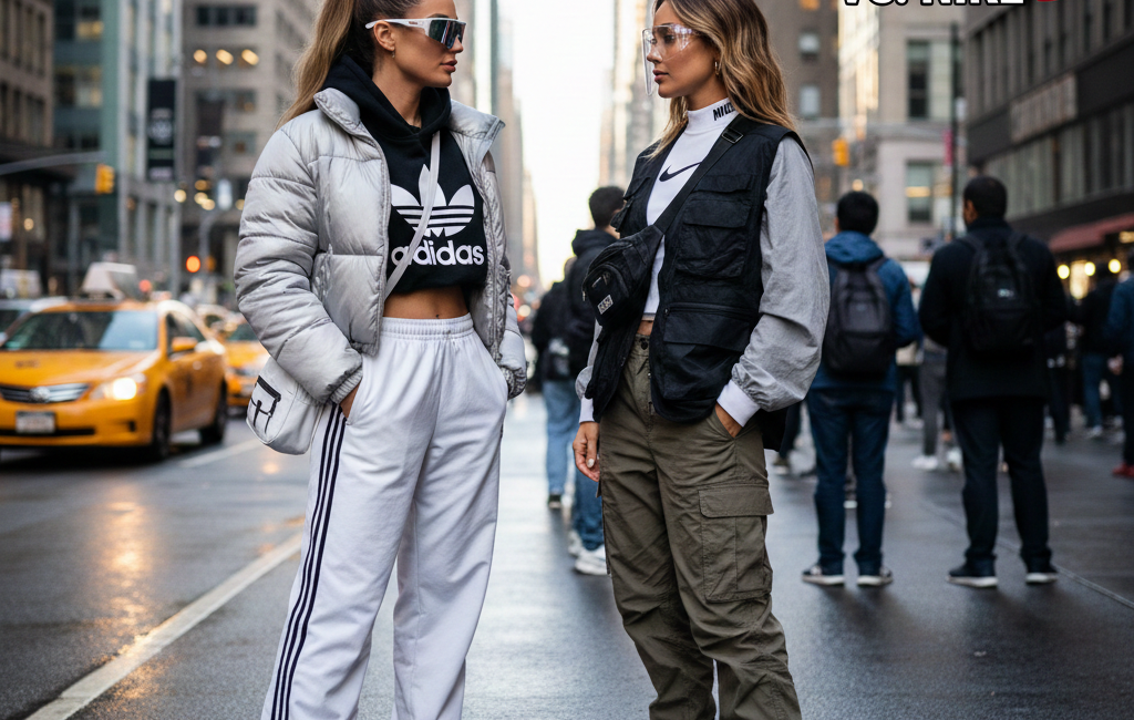 Two women in New York City wearing 2026 street style; one in an Adidas silver puffer jacket and white track pants, the other in a Nike utility vest and olive cargo pants.