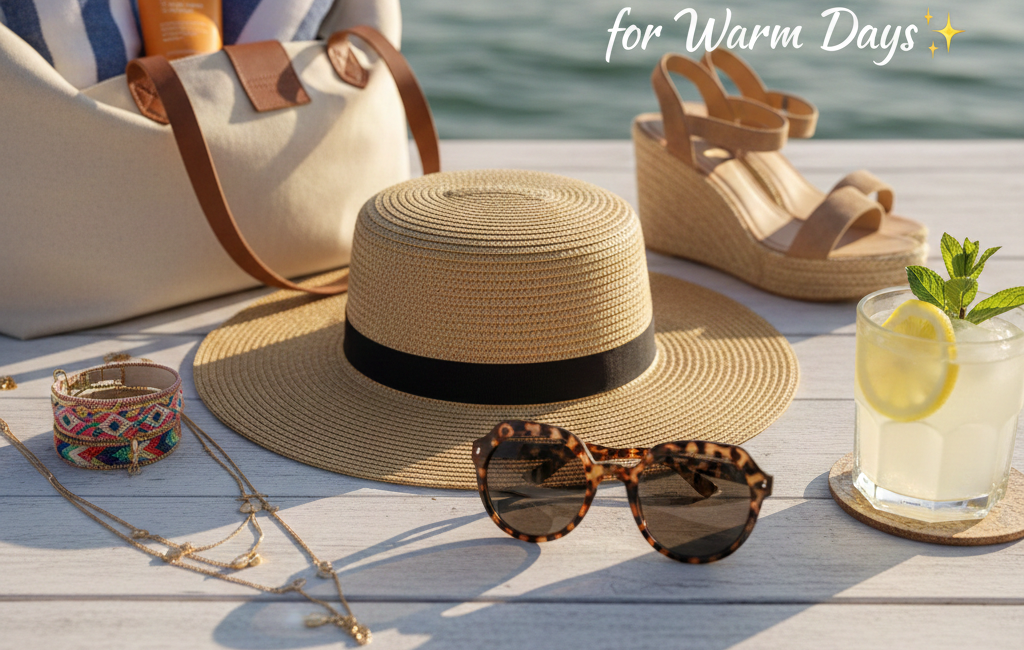 A flat lay of summer essentials including a straw hat, tortoiseshell sunglasses, a beach bag with striped towels, espadrille wedges, and a glass of iced lemonade on a sunlit wooden deck by the water.