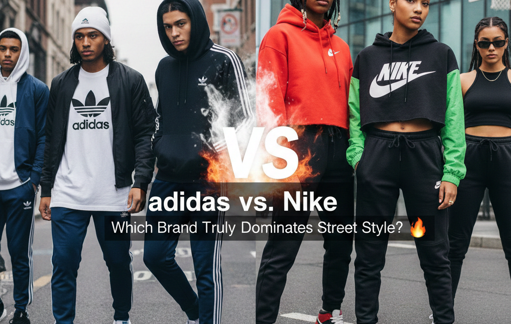 A split-screen graphic showing a group of people in Adidas streetwear on the left and a group in Nike streetwear on the right, featuring iconic logos and sneakers in an urban setting.