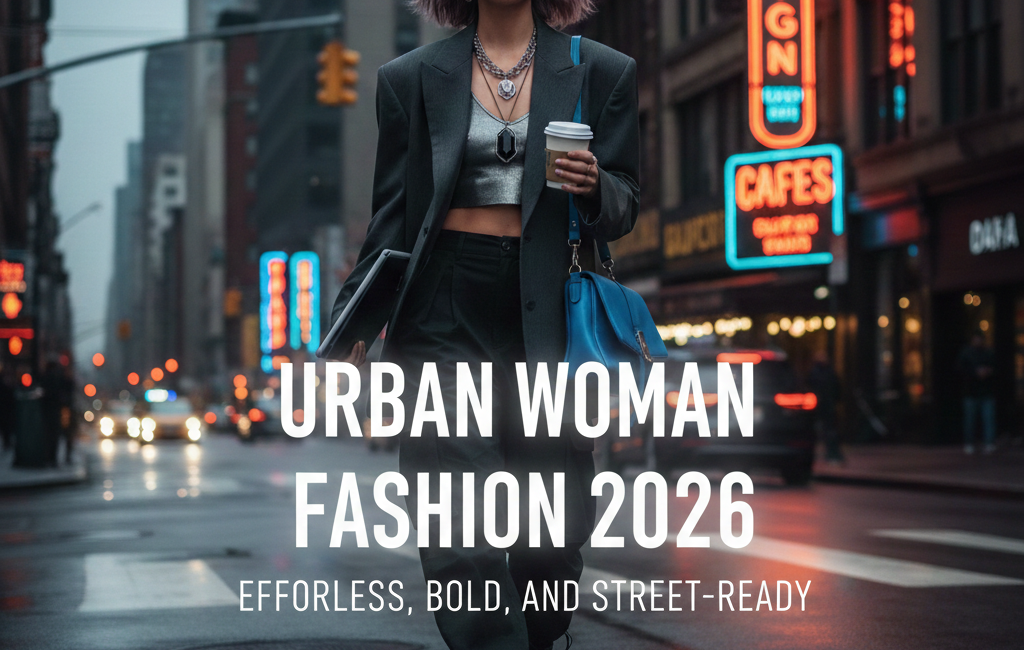 A stylish woman with purple hair walking down a neon-lit city street at dusk, wearing an oversized grey blazer, silver crop top, black cargo pants, and combat boots. Centered white text reads "URBAN WOMAN FASHION 2026."