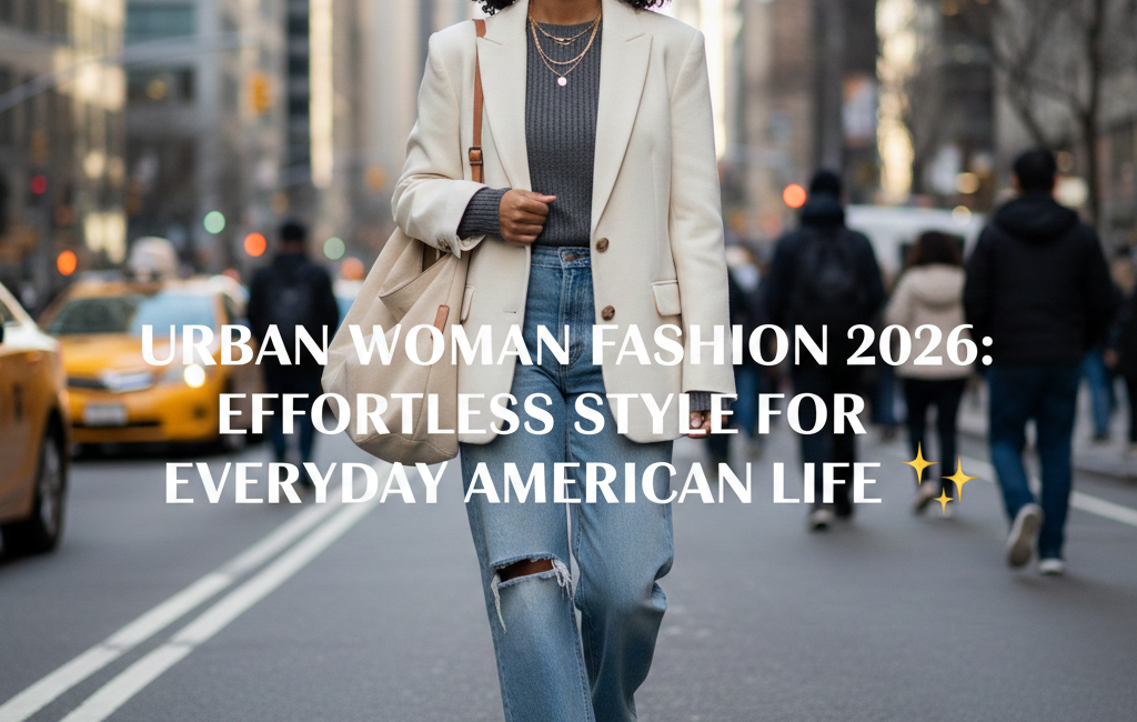 A stylish woman walking down a busy New York City street wearing a cream blazer, grey knit top, and wide-leg jeans. The text "URBAN WOMAN FASHION 2026: EFFORTLESS STYLE FOR EVERYDAY AMERICAN LIFE" is centered on the image.