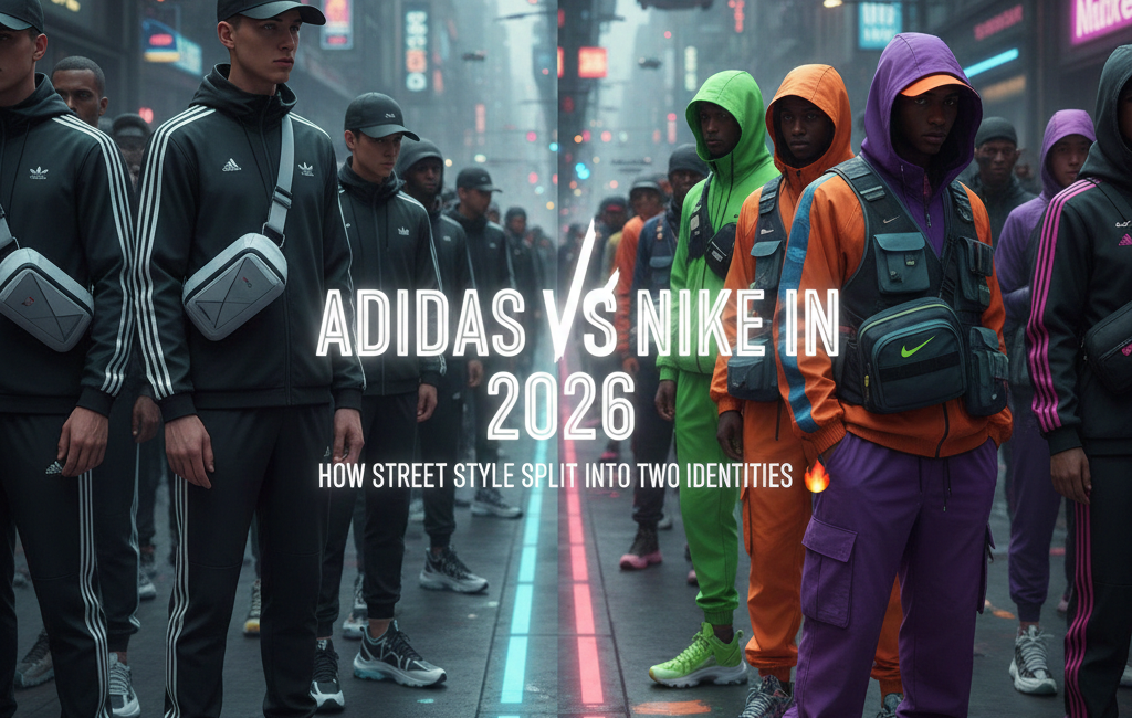 A split-screen comparison of 2026 street style: Adidas fans in sleek monochrome tracksuits vs. Nike fans in vibrant, tech-heavy neon tactical gear.