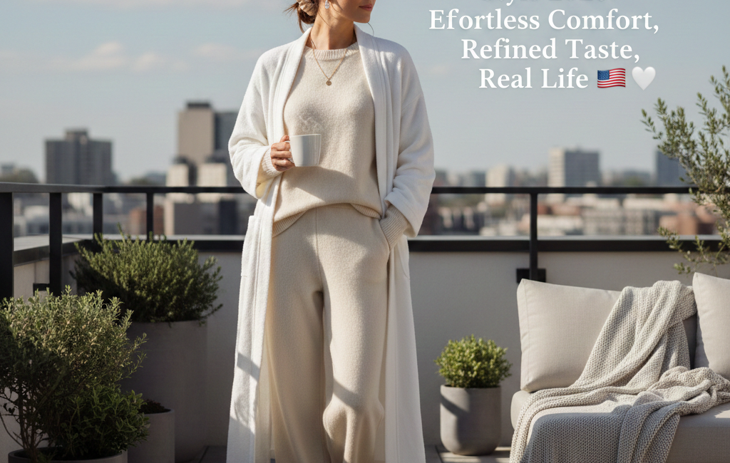 A woman in ivory cashmere loungewear and a matching robe stands on a modern city rooftop, holding a coffee mug.