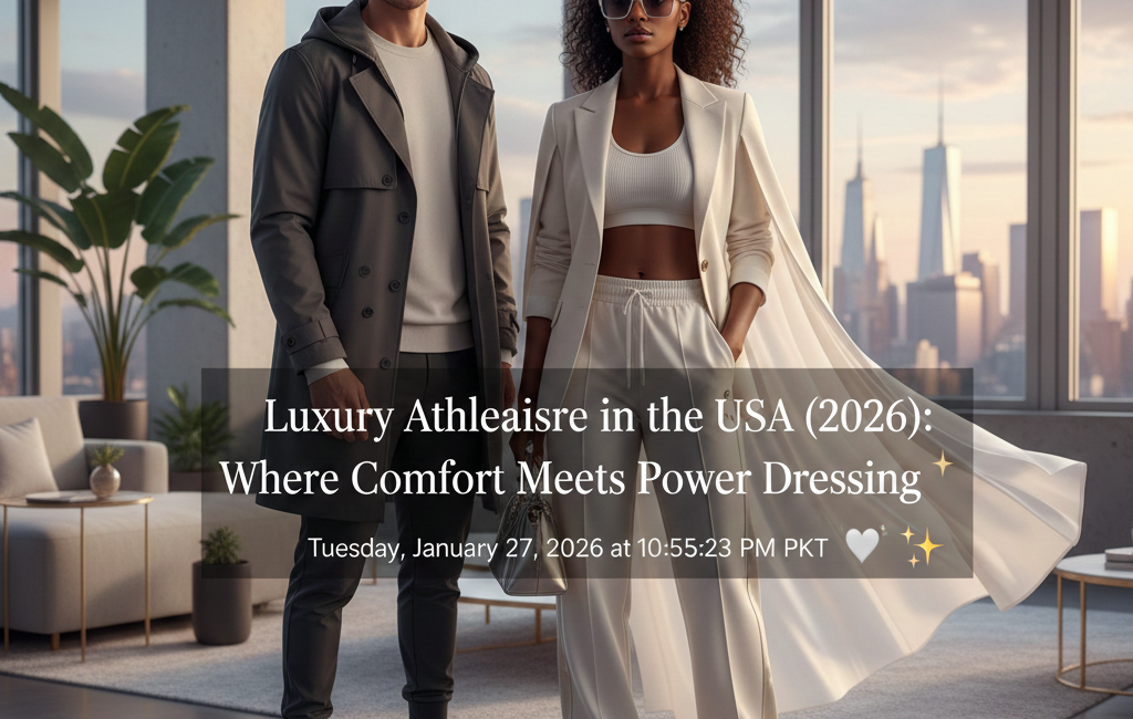 A high-fashion man and woman standing in a modern, luxury penthouse overlooking the New York City skyline. They are wearing premium, tailored athleisure wear—a blend of sporty joggers and sleek trench coats in neutral tones.