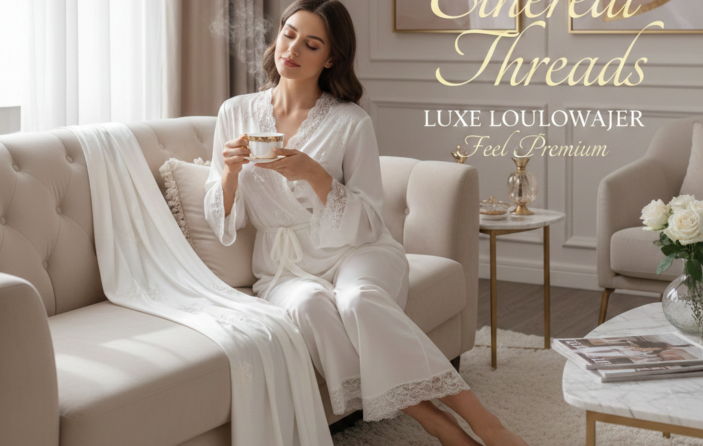A woman in an elegant white silk and lace robe sitting on a cream velvet sofa in a high-end living room, featuring the text "Ethereal Threads Luxe Loungewear" on the right.