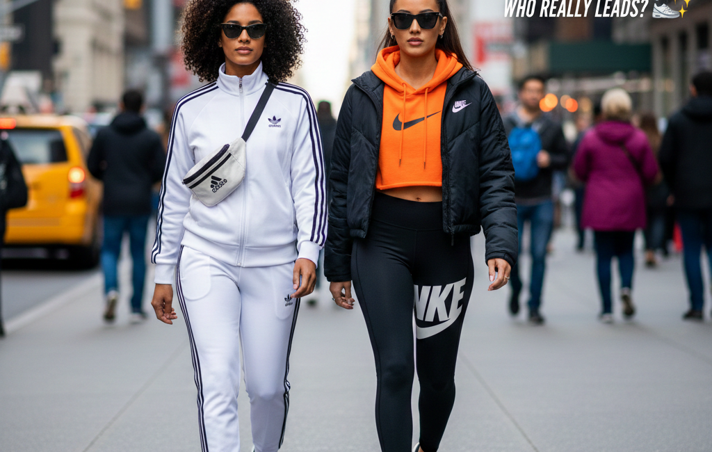 Two women walking on a busy New York City street, one wearing a white Adidas tracksuit and the other in black and orange Nike athletic wear.