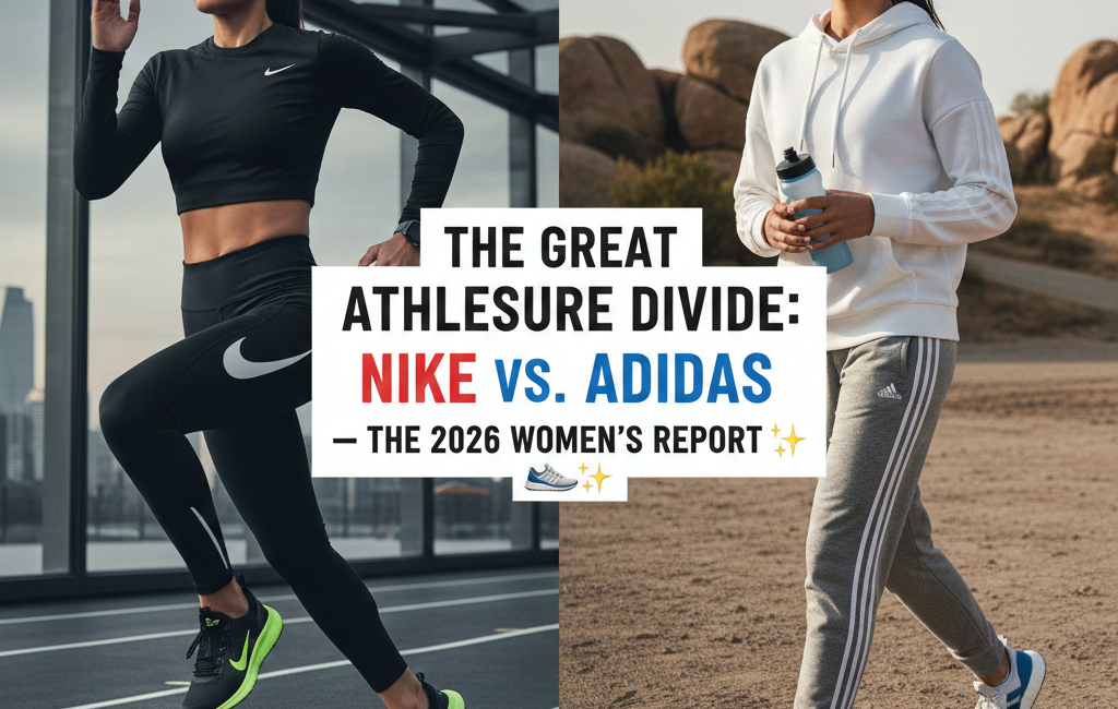 A split-screen comparison showing two women in athletic gear. On the left, a woman runs on an urban track in black Nike apparel; on the right, a woman walks in a desert landscape wearing a white Adidas hoodie and grey joggers.