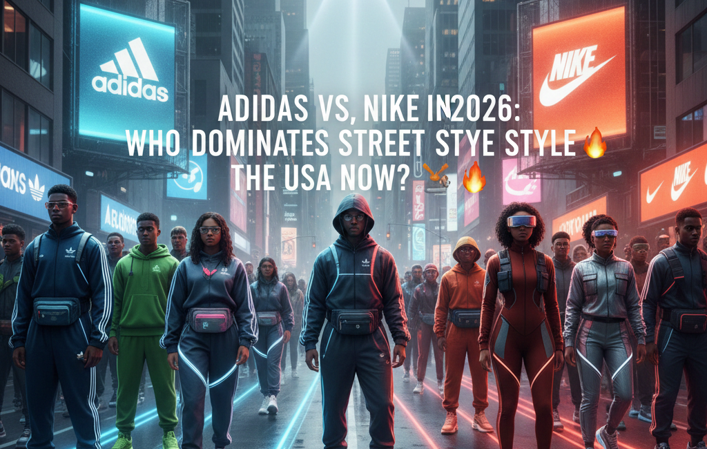 A futuristic street scene in a high-tech US city showing two rival groups of fashion-forward youth. One side represents Adidas in sleek navy and green athletic gear, the other represents Nike in bold orange and red techwear. Glowing neon signs of both logos hang above a wet asphalt street under a surveillance drone.