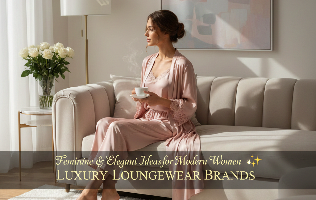A woman in elegant silk blush-pink loungewear sitting on a cream velvet sofa in a sunlit room, holding a cup of tea. Overlay text reads "Luxury Loungewear Brands: Feminine & Elegant Ideas for Modern Women
