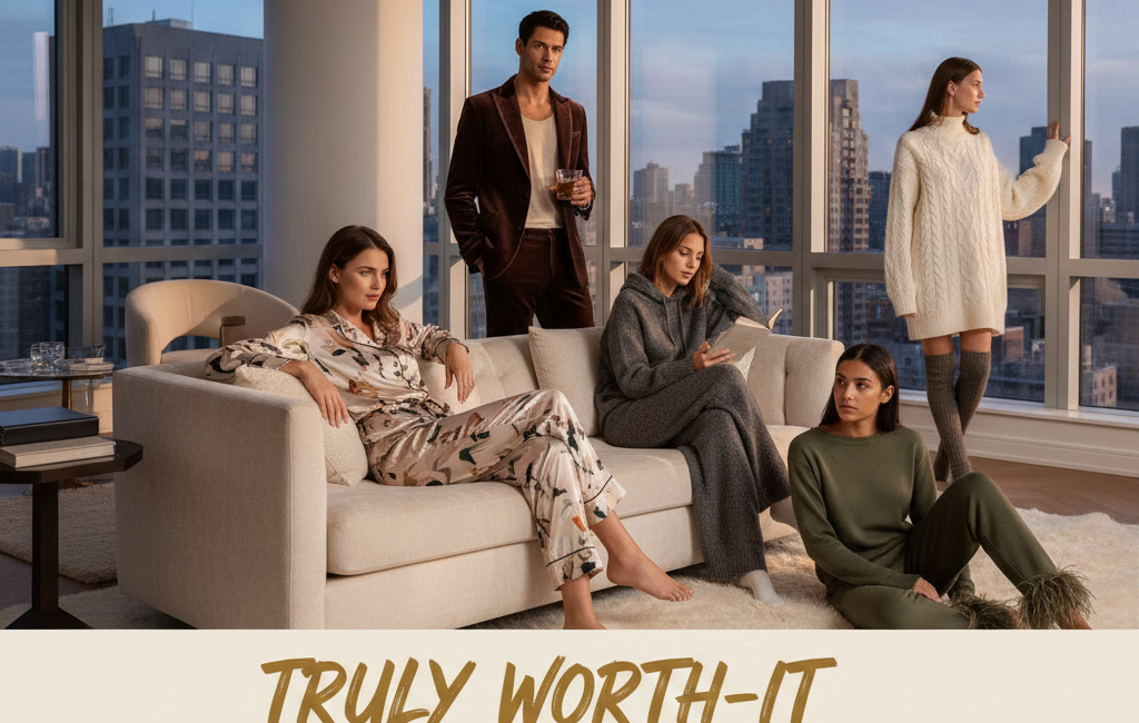 A group of five people wearing high-end luxury loungewear in a modern high-rise apartment with city skyline views. The styles include silk pajamas, cashmere knits, and velvet sets.