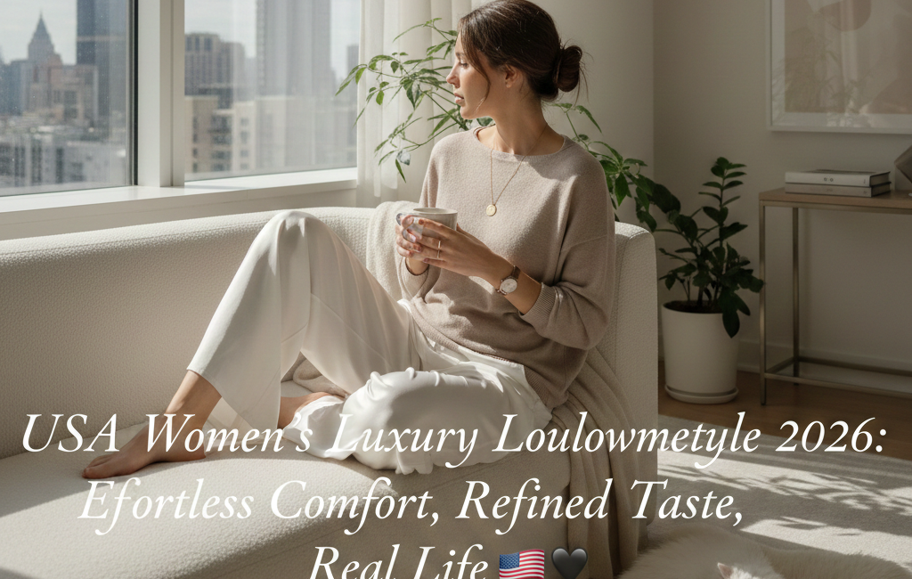 A woman in elegant cream silk and cashmere loungewear sitting on a white bouclé sofa in a high-rise apartment with a city skyline view.