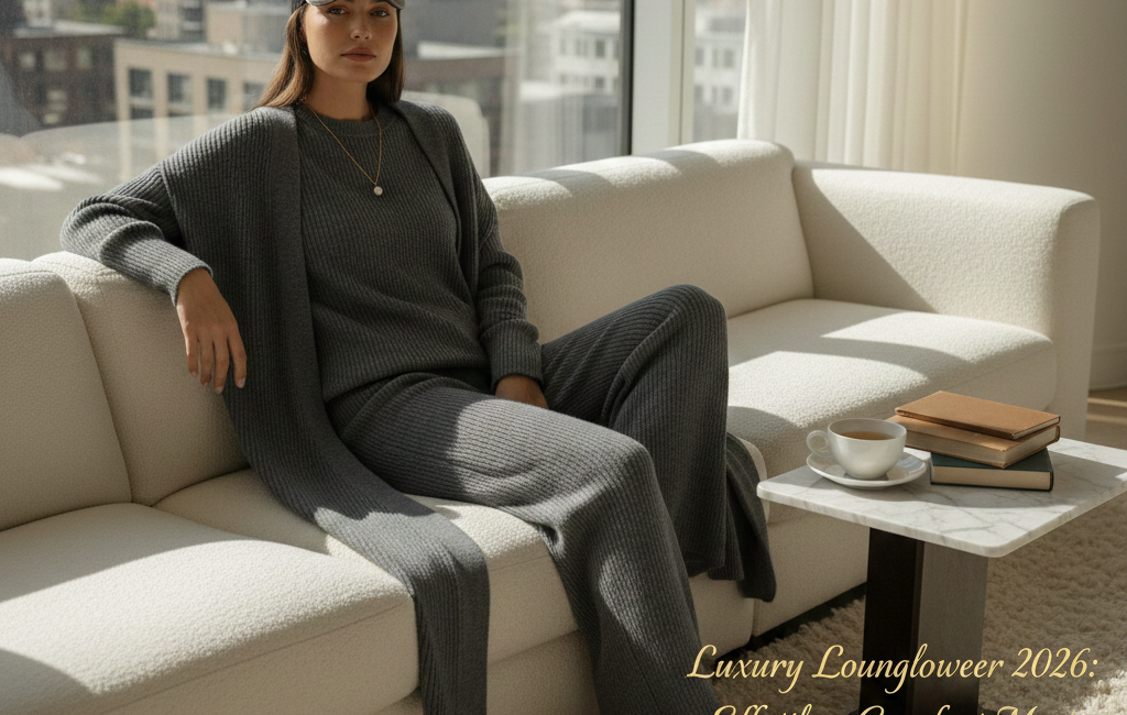 A woman in a charcoal grey ribbed knit loungewear set sits on a cream sofa in a sunlit modern apartment. The image features gold text on the right side.