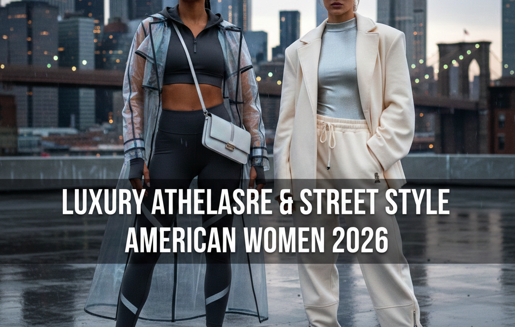 Two women in 2026 luxury athleisure and street style posing against a rainy New York City skyline at dusk.