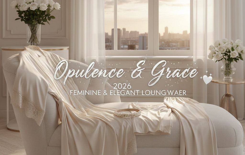 Elegant silk and lace loungewear draped over a white chaise longue in a bright, sunlit room with the text "Opulence & Grace 2026 Feminine & Elegant Loungewear" in the center.