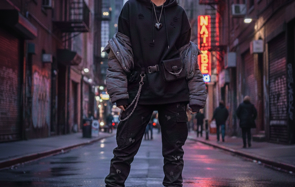A stylish young woman with silver-grey hair and dark makeup posing in a moody, rain-slicked city alleyway at night. She is wearing a black oversized hoodie, cargo pants, and combat boots, illuminated by neon signs.