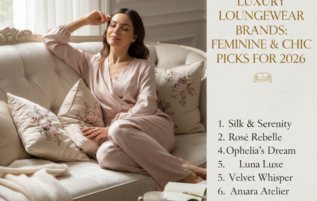 A woman in a pink silk wrap loungewear set relaxing on an elegant cream sofa. On the right, a stylish graphic lists feminine brand names for 2026 including Silk & Serenity and Amara Atelier.