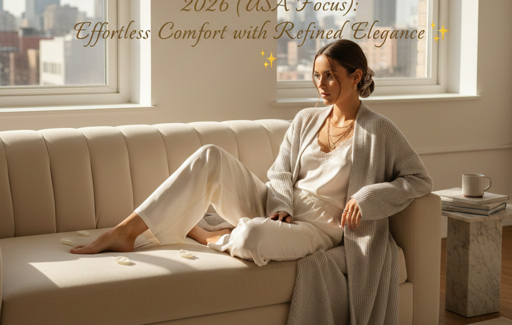 A woman in luxury cream silk pajamas and a long grey ribbed cardigan lounging on a cream sofa in a bright New York City apartment with the city skyline in the background.