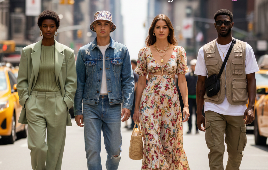 Four diverse fashion models walking down a sunny New York City street showcasing 2026 trends, including a sage green oversized suit, a denim-on-denim set with a floral bucket hat, a floral puff-sleeve midi dress, and a utility techwear vest with cargo pants.