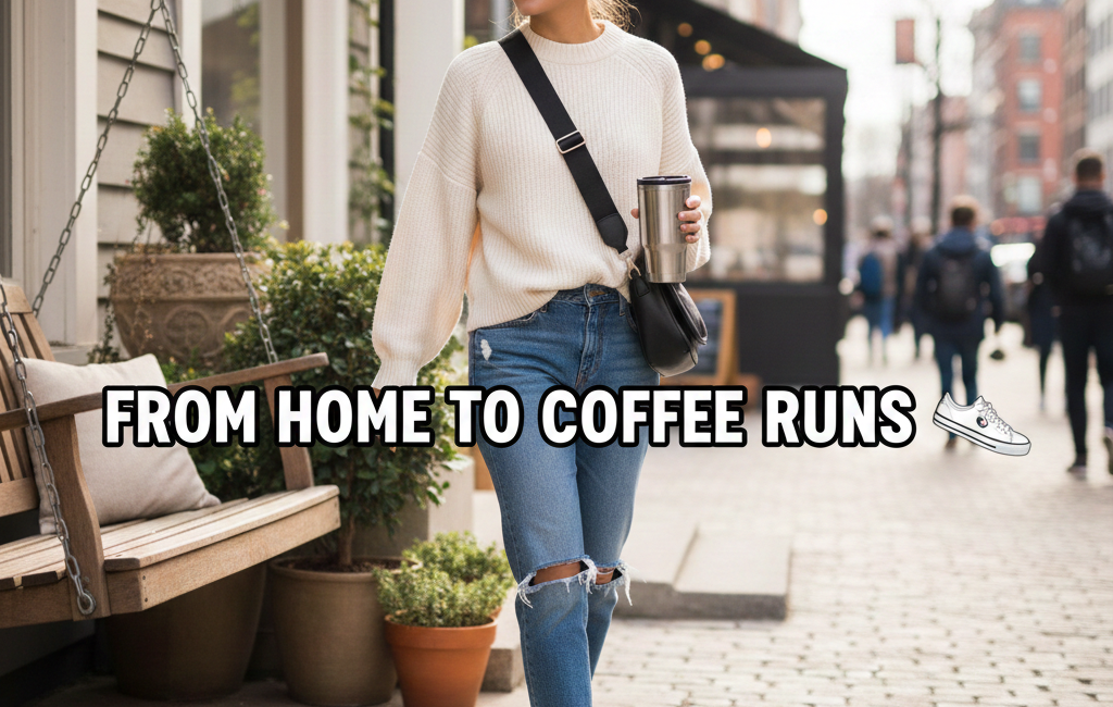 A stylish woman walking down a city cobblestone street wearing a cream sweater, ripped jeans, and sneakers, holding a coffee tumbler with the text "FROM HOME TO COFFEE RUNS" centered on the image.