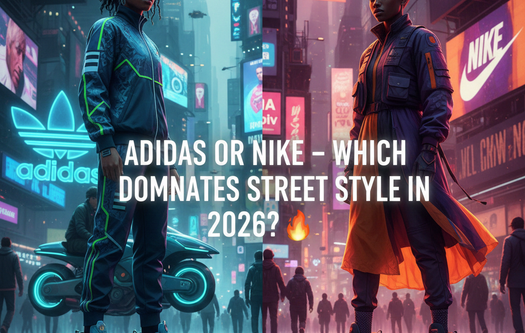 A futuristic split-screen image comparing Adidas and Nike street style in 2026. On the left, a woman in a neon-blue Adidas track suit stands in a cyberpunk city. On the right, a woman in a techwear-inspired Nike outfit stands amidst glowing orange billboards.