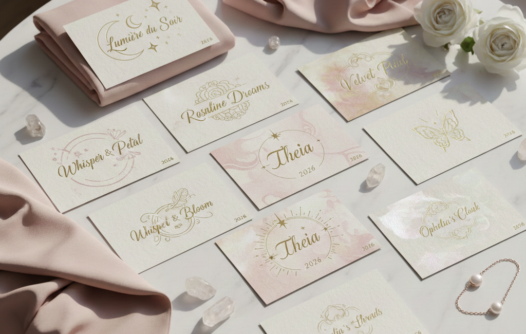 A flat lay of elegant cream and pink business cards on a marble table featuring the brand name "Theia" in gold cursive, surrounded by silk fabric, white roses, and crystals.