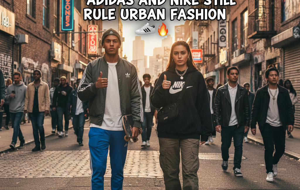 Two young people walking down a busy city street wearing Adidas and Nike streetwear, with the text "Street Style Evolution: Why Adidas and Nike Still Rule Urban Fashion" centered in the image.