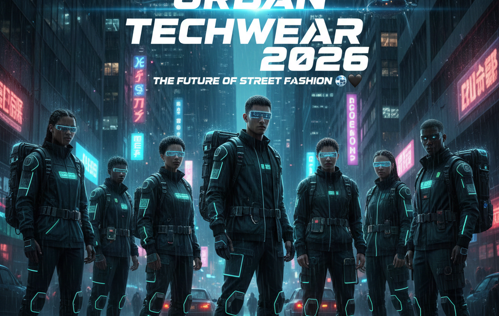 A group of models in a futuristic, rainy cyberpunk city wearing black tactical techwear with glowing teal accents and visor sunglasses.