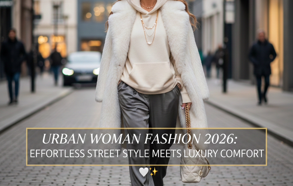 A stylish woman walking down a cobblestone European street wearing a cream faux fur coat, silk trousers, and futuristic sunglasses with a centered text overlay.