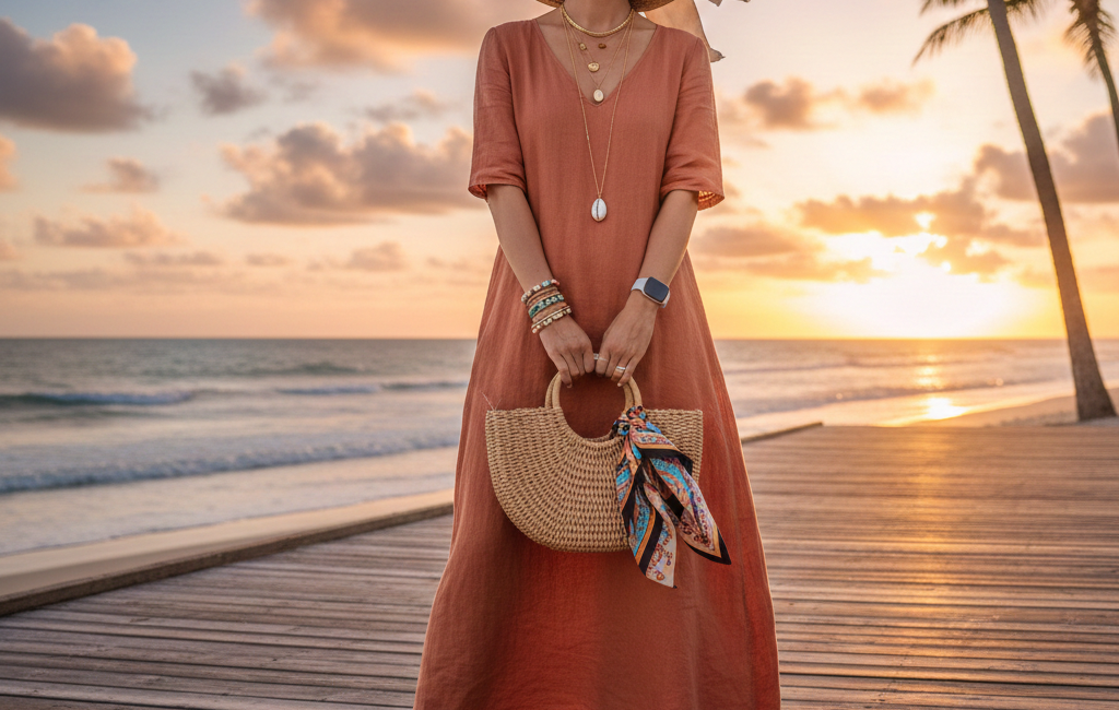 A stylish woman standing on a wooden beach boardwalk at sunset wearing a terracotta linen maxi dress, a large straw sun hat, oversized sunglasses, and holding a woven basket bag.