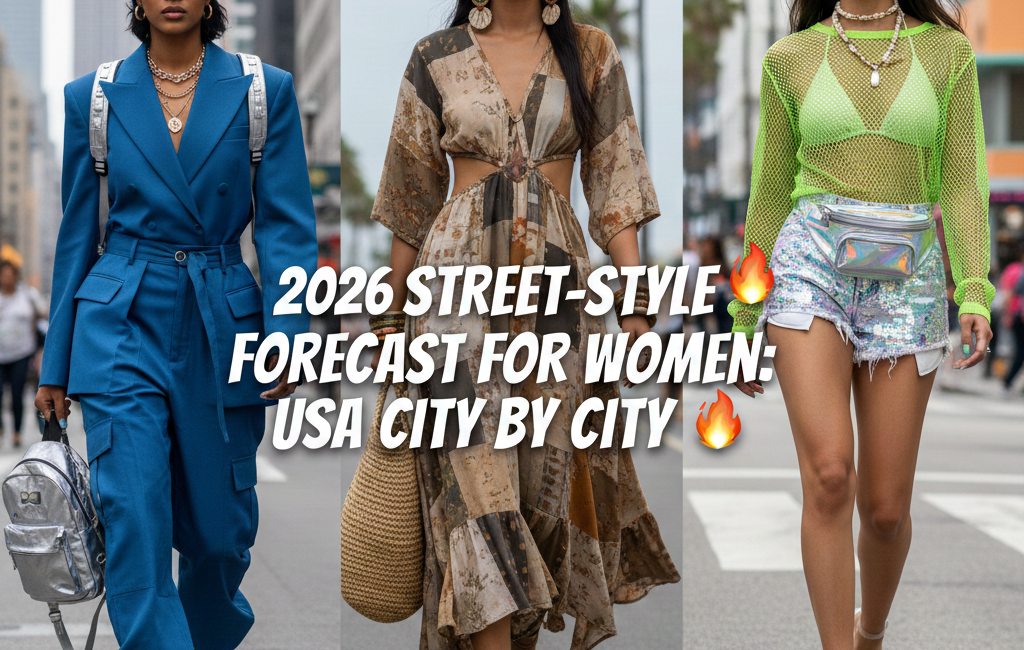 A three-panel collage of women's street fashion for 2026. Left: A woman in NYC wearing a cobalt blue utility suit and metallic accessories. Center: A woman in a desert/coastal setting wearing a neutral-toned patchwork dress and wide-brimmed straw hat. Right: A woman in Miami wearing a neon green mesh top, sequined shorts, and futuristic silver sunglasses. The title "2026 STREET-STYLE FORECAST FOR WOMEN: USA CITY BY CITY" is centered across the panels.