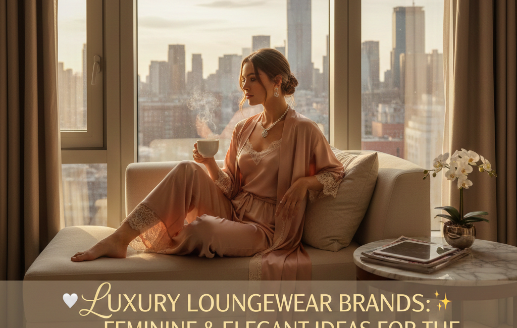 A woman in elegant silk and lace loungewear sitting on a chaise lounge in a high-rise apartment overlooking the New York City skyline, holding a cup of tea.