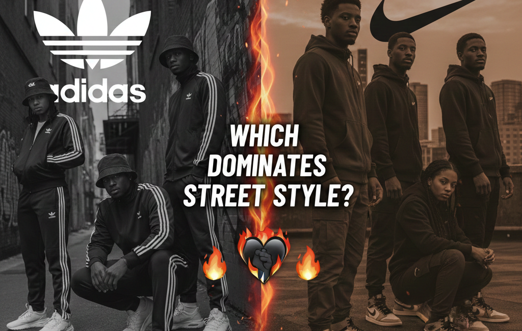 A split-screen graphic titled "Which Dominates Street Style?" featuring models in Adidas tracksuits and sneakers on the left, and models in Nike hoodies and Jordan-style high-tops on the right, separated by a vertical flame effect.