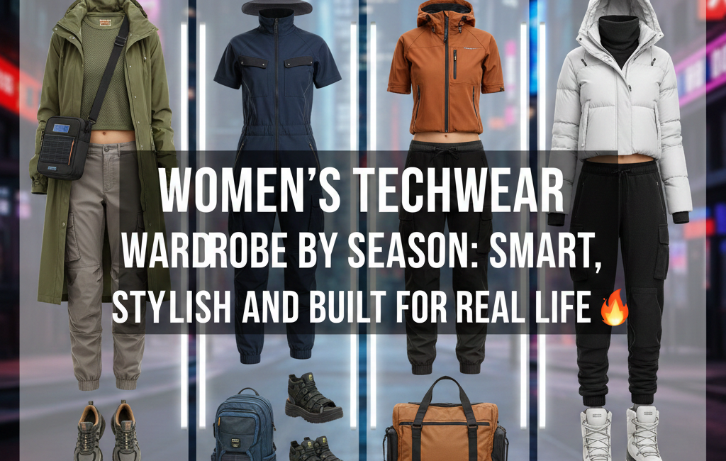 A four-panel infographic showcasing women's techwear outfits for Spring, Summer, Autumn, and Winter. The center features the title "Women’s Techwear Wardrobe By Season: Smart, Stylish and Built for Real Life" over a cyberpunk city background.