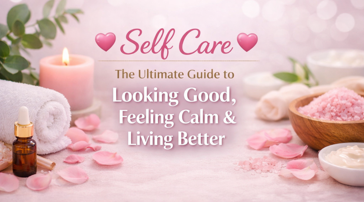 Soft pink self-care themed image featuring candles, skincare items, and calming spa elements with centered text reading “Self Care – The Ultimate Guide to Looking Good, Feeling Calm & Living Better.”