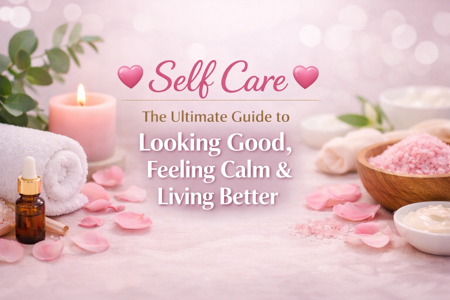 Soft pink self-care themed image featuring candles, skincare items, and calming spa elements with centered text reading “Self Care – The Ultimate Guide to Looking Good, Feeling Calm & Living Better.”
