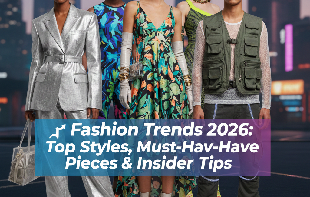 A group of diverse fashion models standing against a futuristic cityscape background, showcasing 2026 trends including metallic suits, utility vests, and bio-floral prints. A text overlay reads: "Fashion Trends 2026: Top Styles, Must-Have Pieces & Insider Tips."