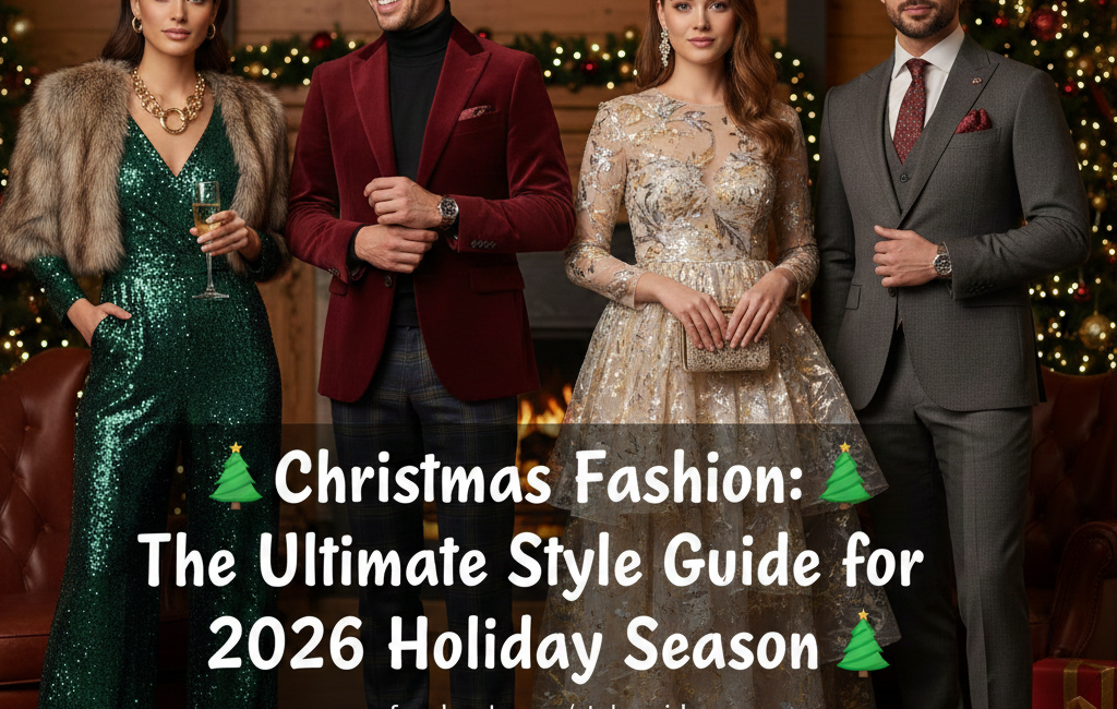 A Facebook-sized promotional image featuring four elegantly dressed people in a festive setting. The center text reads "Christmas Fashion: The Ultimate Style Guide for the 2026 Holiday Season." The group includes a woman in a green sequin jumpsuit, a man in a burgundy velvet blazer, a woman in a gold tiered gown, and a man in a sharp grey suit, all standing before a cozy fireplace and Christmas tree.