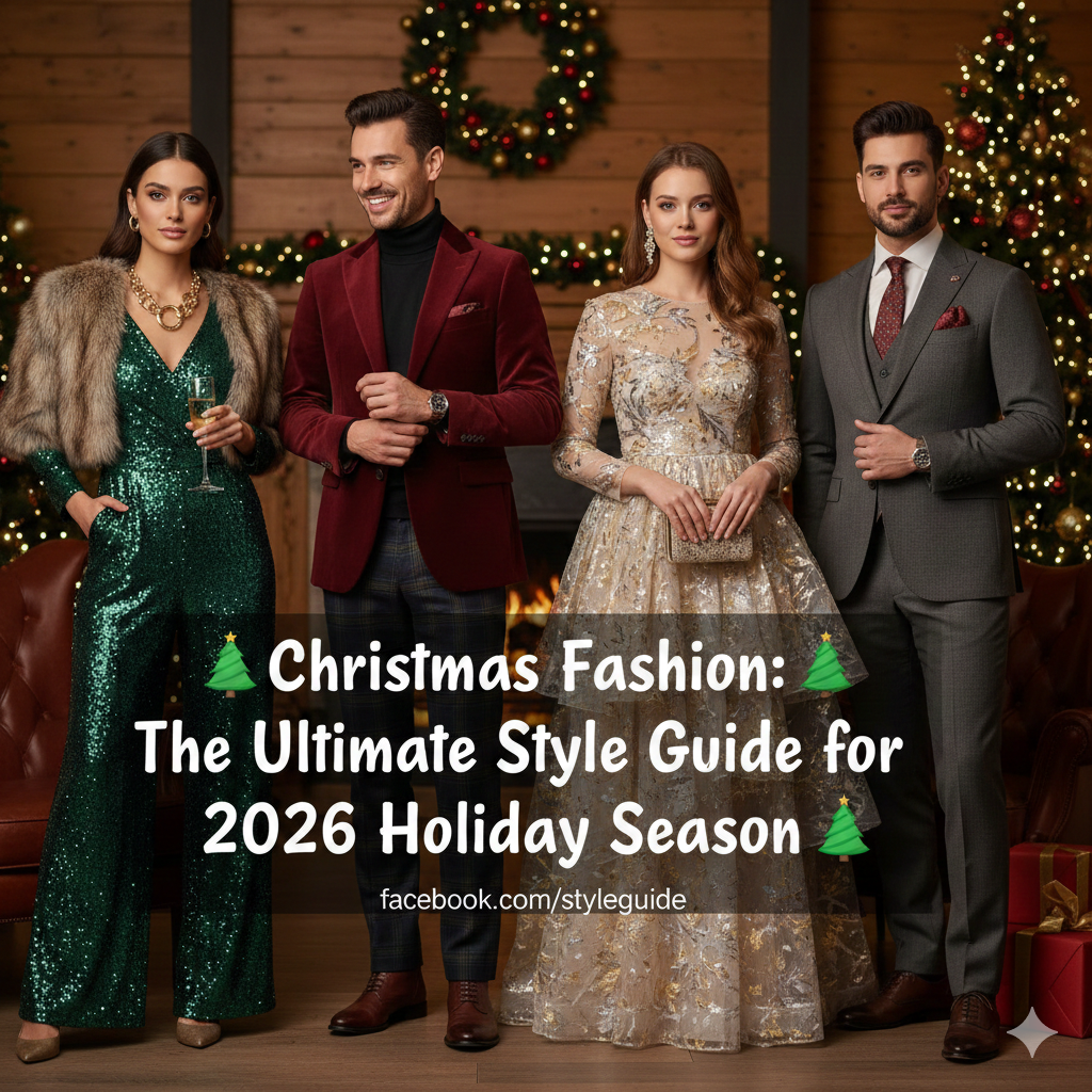 A Facebook-sized promotional image featuring four elegantly dressed people in a festive setting. The center text reads "Christmas Fashion: The Ultimate Style Guide for the 2026 Holiday Season." The group includes a woman in a green sequin jumpsuit, a man in a burgundy velvet blazer, a woman in a gold tiered gown, and a man in a sharp grey suit, all standing before a cozy fireplace and Christmas tree.