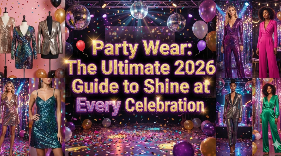 A festive collage of 2026 party fashion featuring sequined dresses, metallic blazers, and vibrant jumpsuits. The image includes disco balls, balloons, and confetti with the central text: "Party Wear: The Ultimate 2026 Guide to Shine at Every Celebration."
