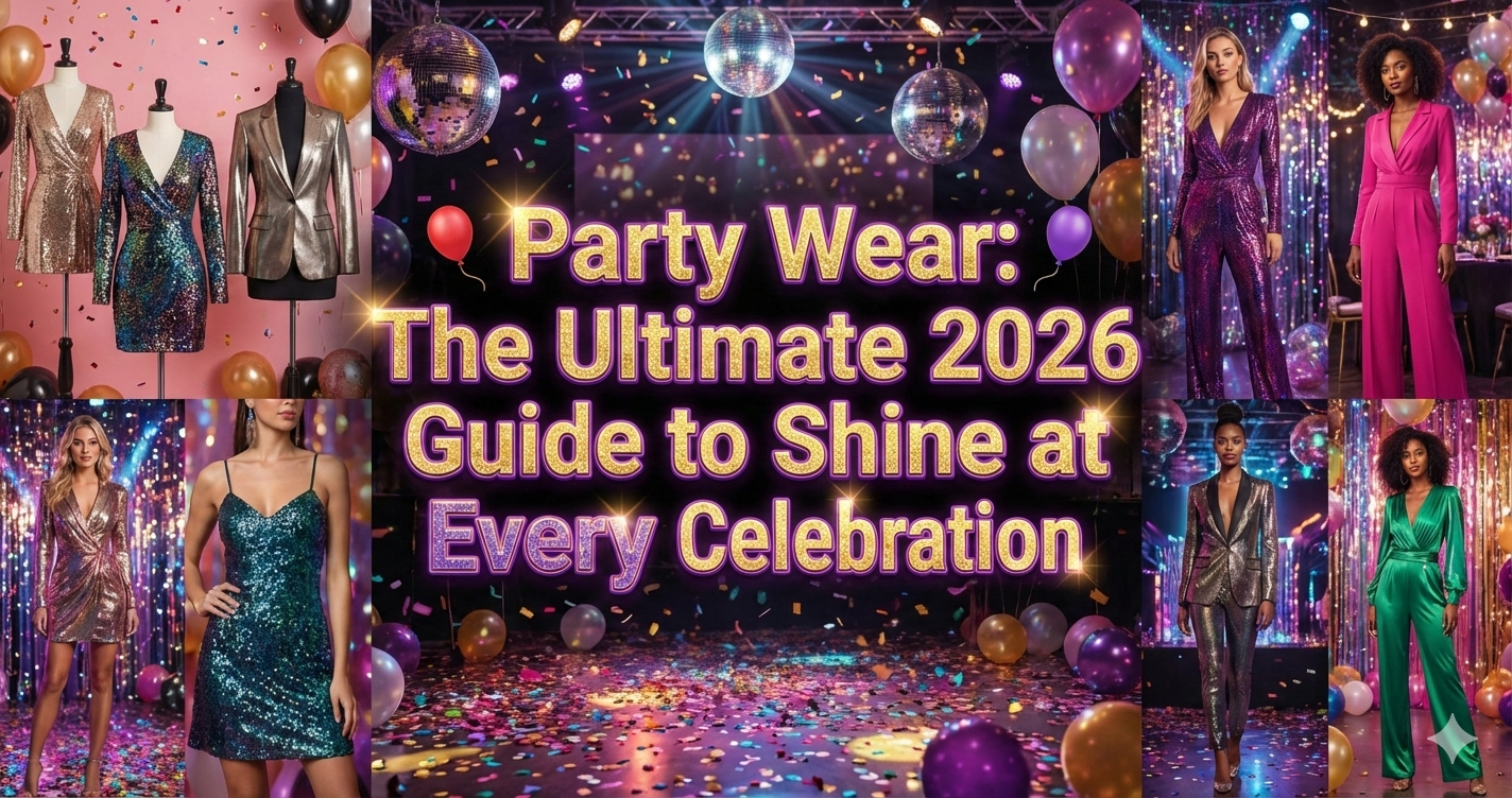 A festive collage of 2026 party fashion featuring sequined dresses, metallic blazers, and vibrant jumpsuits. The image includes disco balls, balloons, and confetti with the central text: "Party Wear: The Ultimate 2026 Guide to Shine at Every Celebration."