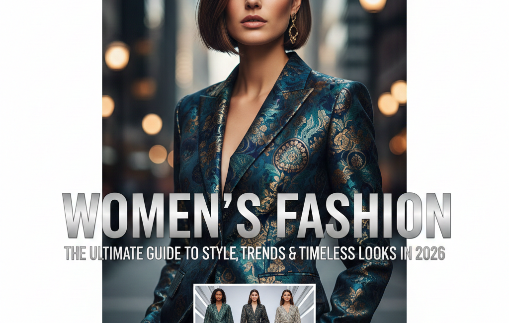 A high-fashion magazine cover featuring a woman in a metallic brocade teal suit and a sleek bob haircut, with the text "Women's Fashion: The Ultimate Guide to Style, Trends & Timeless Looks in 2026" centered.