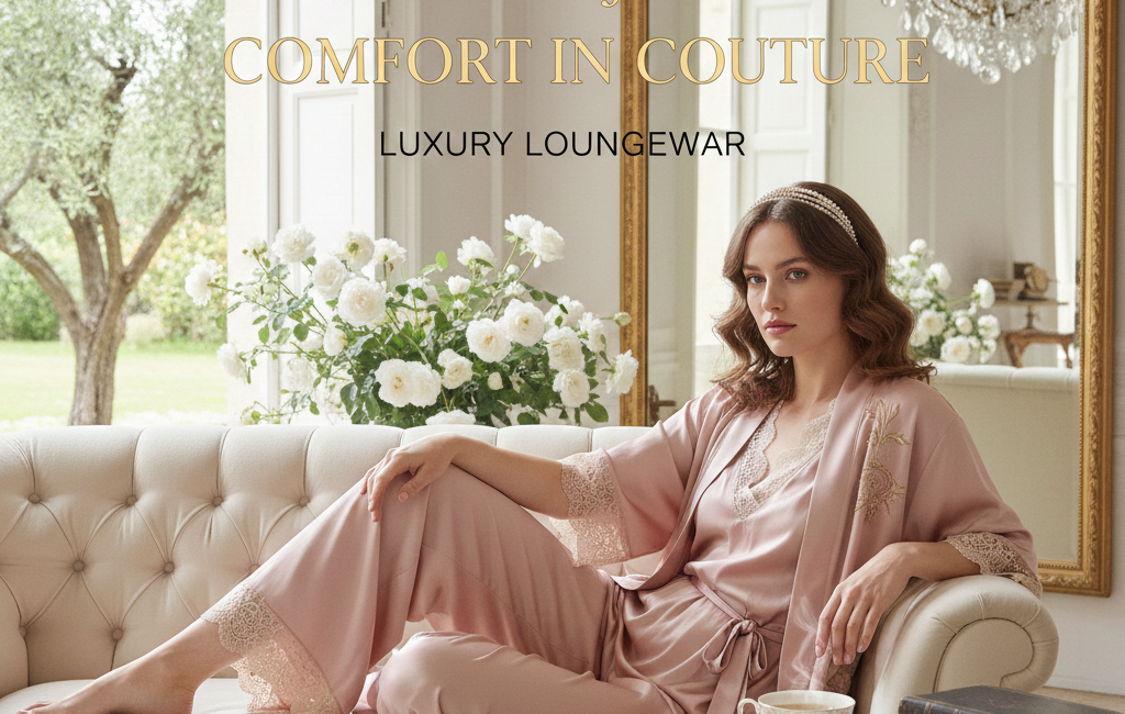 A sophisticated woman reclining on a cream-colored tufted sofa wearing dusty pink silk loungewear with lace trim in a bright, luxurious room. Gold text in the center reads "Élara Léjeune: Comfort in Couture."