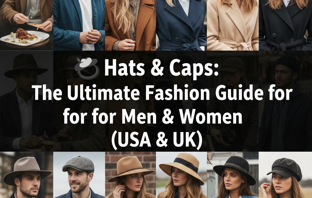 A collage of men and women wearing various stylish hats and caps, including fedoras, flat caps, and sun hats, with the title "Hats & Caps: The Ultimate Fashion Guide" centered on a dark overlay.