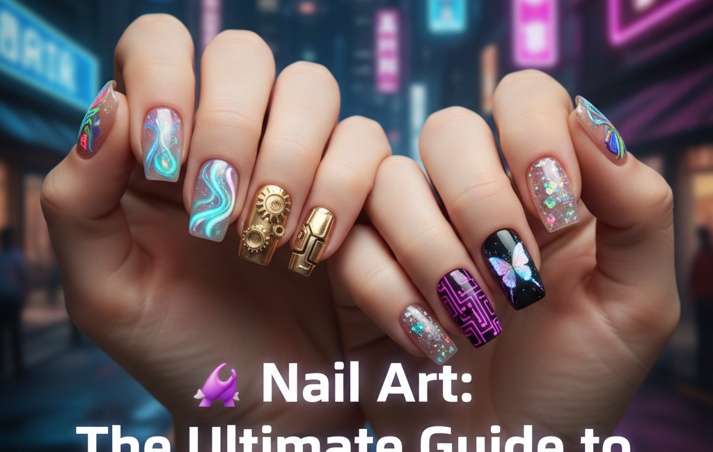A pair of hands showcasing futuristic 2026 nail art trends, featuring holographic swirls, gold mechanical 3D accents, and glowing circuit board patterns against a neon cyberpunk city background.