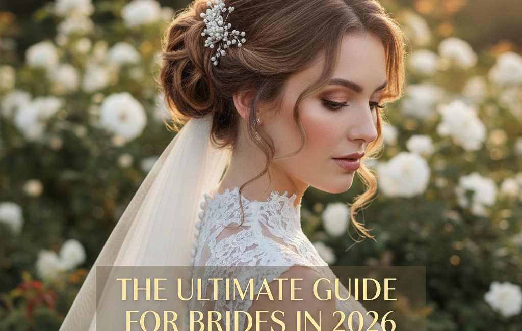 A professional magazine-style cover featuring a bride with an elegant low bun hairstyle, pearl hair accessories, and a lace gown, set against a garden of white roses.