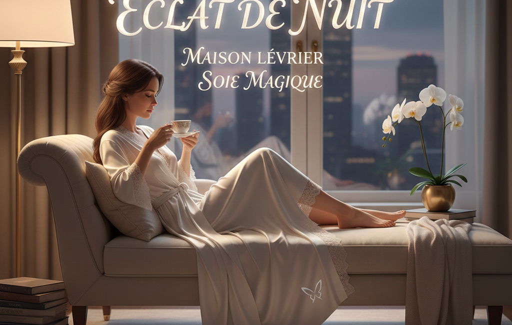 An elegant woman in a silk cream-colored robe lounging on a chaise longue in a luxury penthouse, featuring the text "Éclat De Nuit."