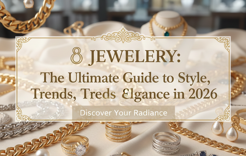 A luxurious collection of gold and silver jewelry, including rings, necklaces, and pearl earrings, displayed on a cream silk fabric with a central gold-bordered text box featuring the guide's title.