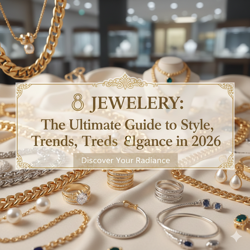 A luxurious collection of gold and silver jewelry, including rings, necklaces, and pearl earrings, displayed on a cream silk fabric with a central gold-bordered text box featuring the guide's title.